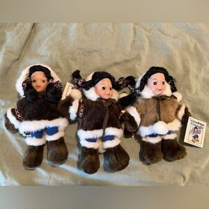 Lot Of 3 Native Eskimo Kipmik Arctic Doll Plush Anchorage Alaska Inuit Faux Fur